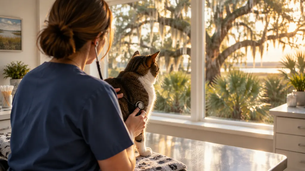 A vet checking a cat in a bright clinic in North Charleston, SC