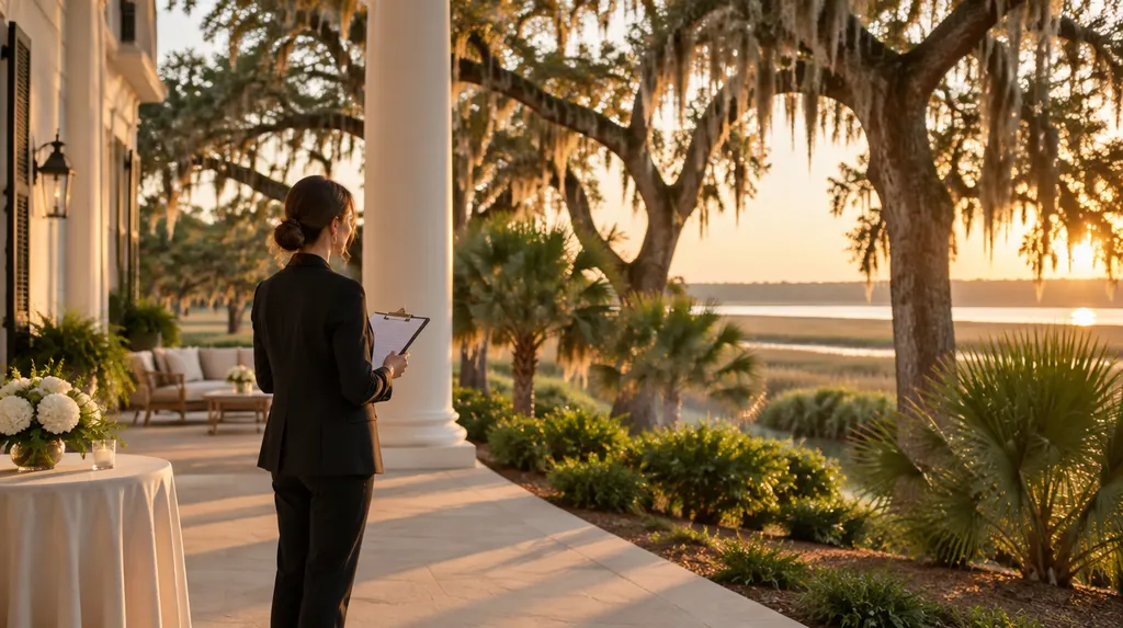 A planner holding a clipboard at an elegant venue in North Charleston, SC