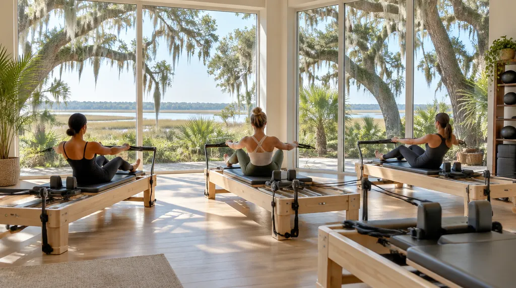 Pilates reformer machines in a bright studio in North Charleston, SC