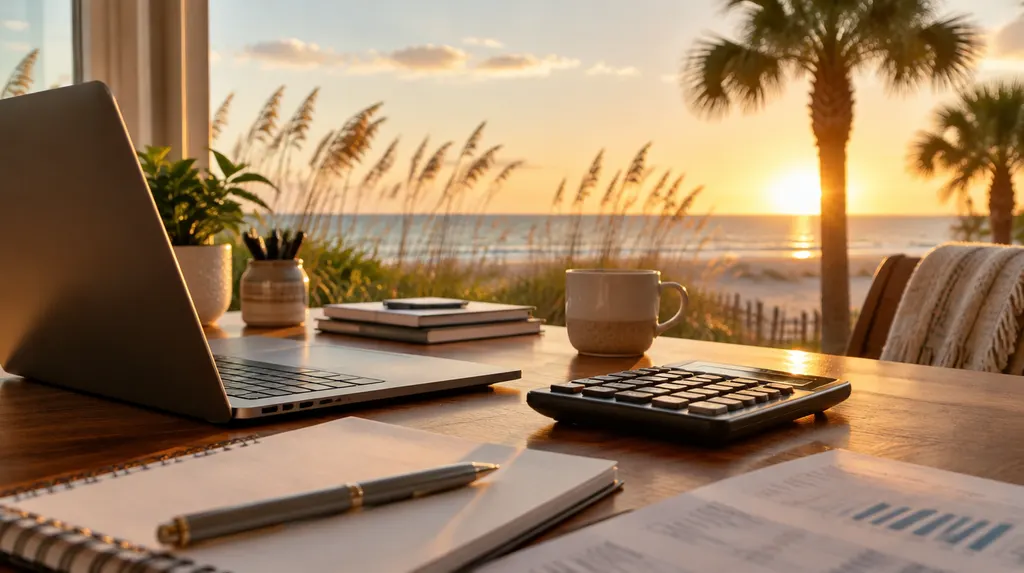 A tidy accounting office with a laptop and calculator in North Myrtle Beach, SC