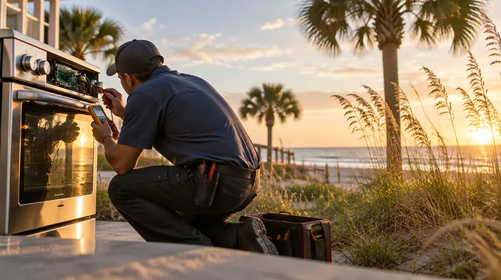 A repair tech testing an oven control panel in North Myrtle Beach, SC