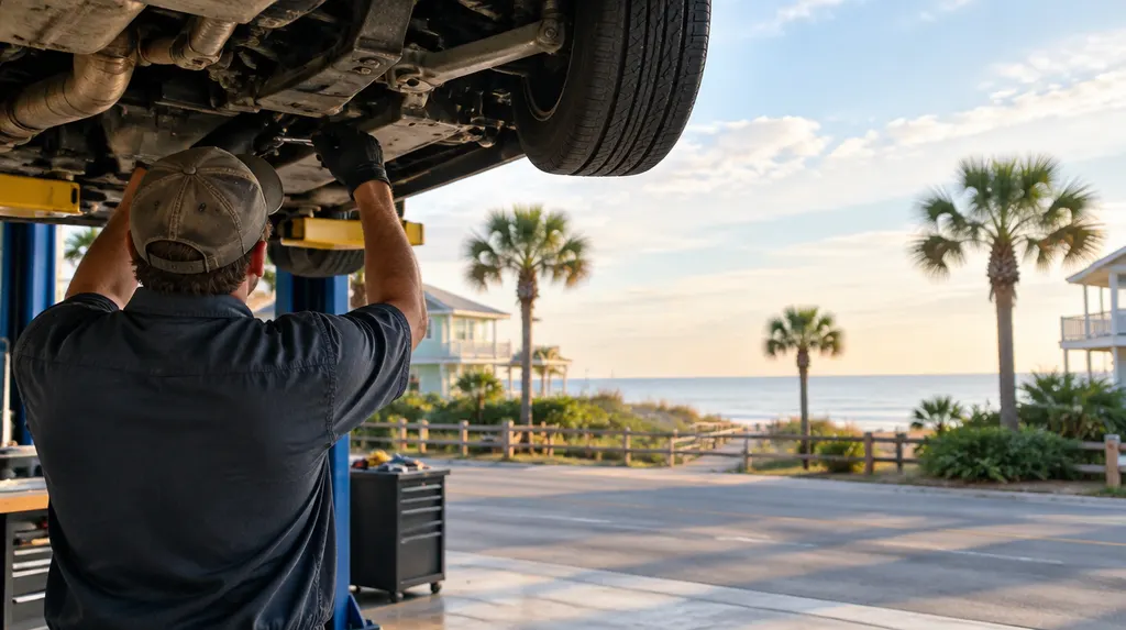 A mechanic working under a car on a lift in North Myrtle Beach, SC