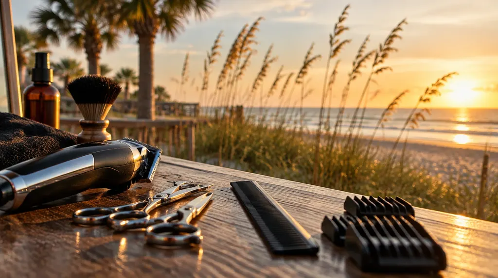 Barber tools laid out on a counter in North Myrtle Beach, SC