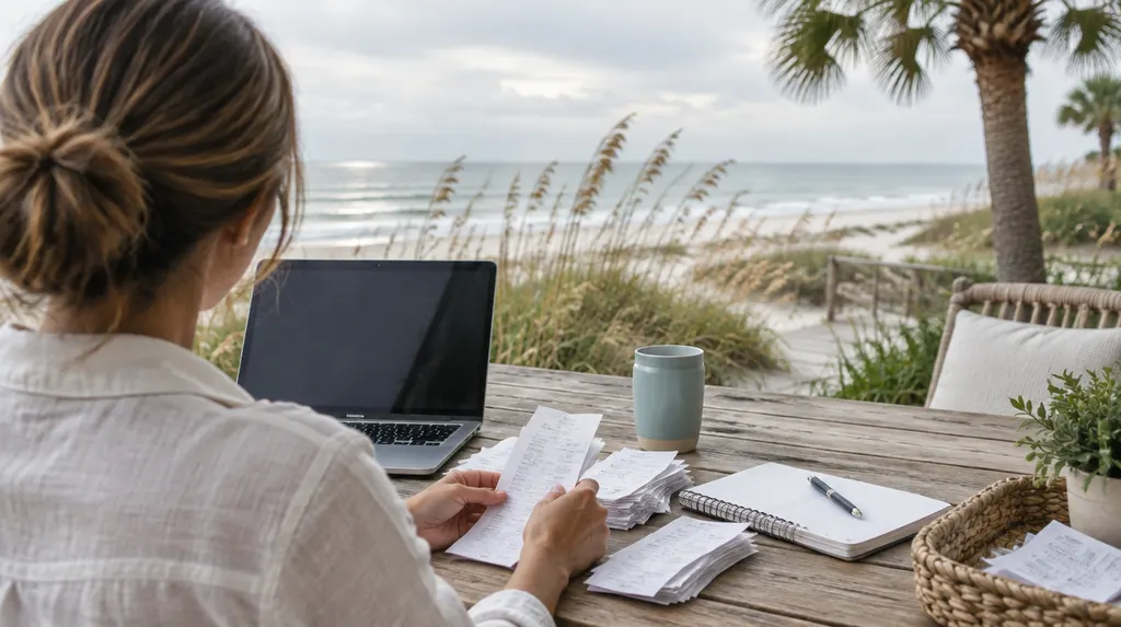 A bookkeeper organizing receipts and a laptop in North Myrtle Beach, SC