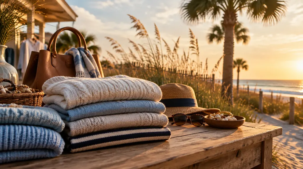 Folded sweaters and accessories on a boutique table in North Myrtle Beach, SC