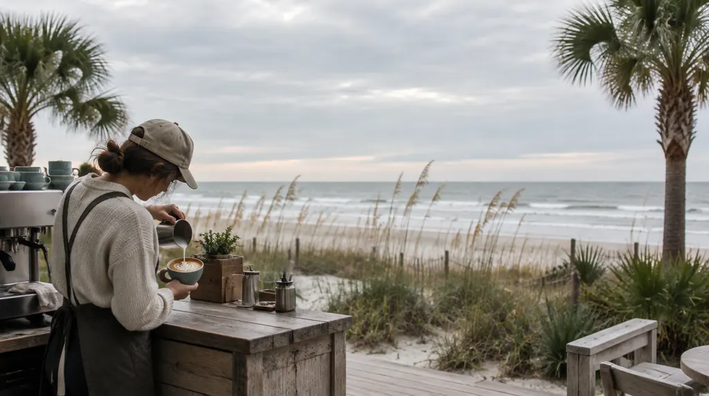 A barista pouring latte art in North Myrtle Beach, SC