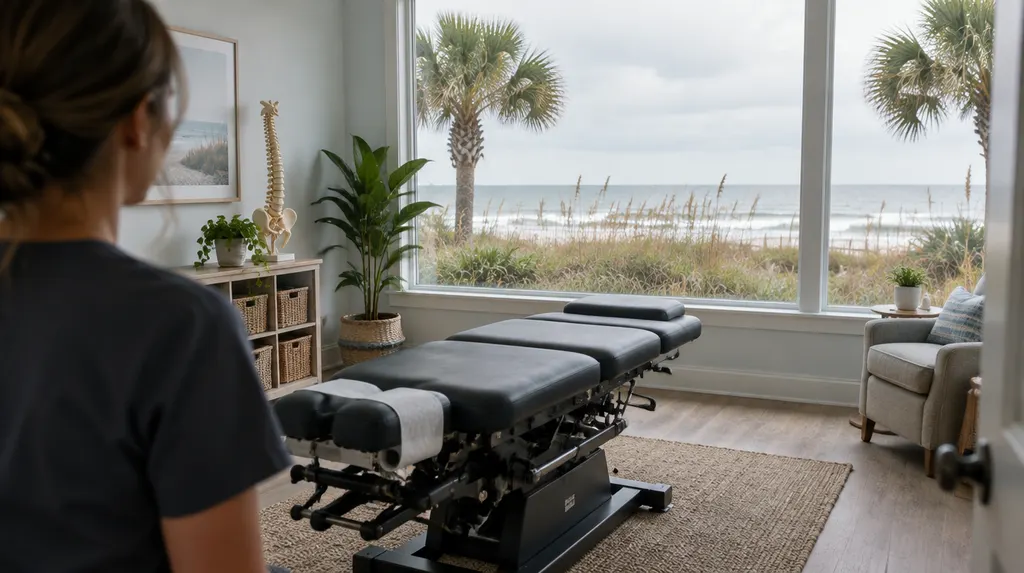 A chiropractic treatment room with an adjusting table in North Myrtle Beach, SC