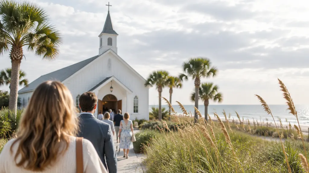A welcoming white church on a sunny Sunday morning in North Myrtle Beach, SC