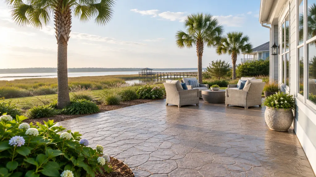 A finished stamped concrete patio beside a house in North Myrtle Beach, SC