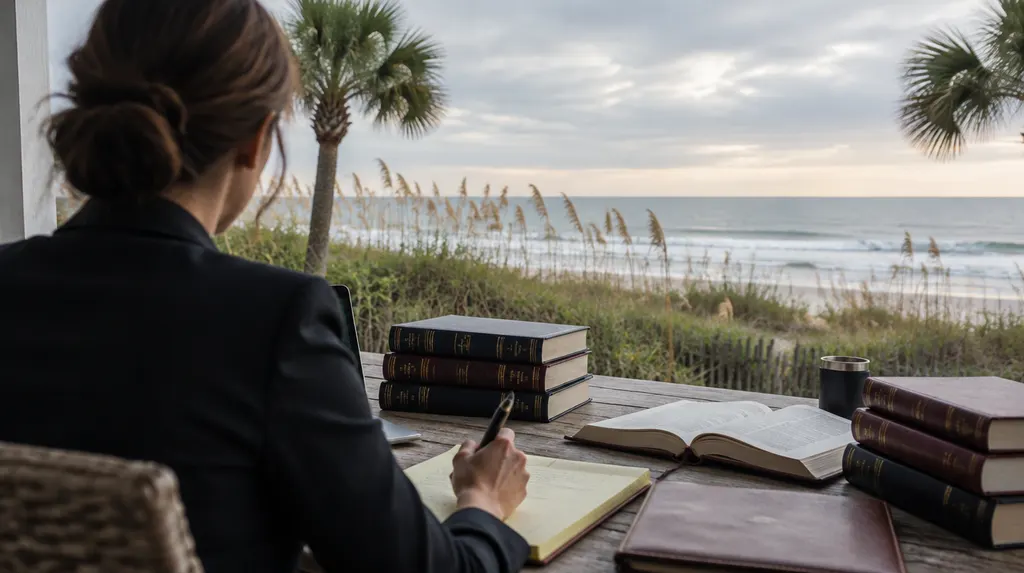 A defense attorney preparing at a desk with law books in North Myrtle Beach, SC