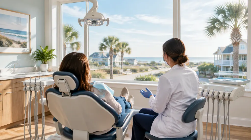 A dentist talking with a patient in a dental chair in North Myrtle Beach, SC