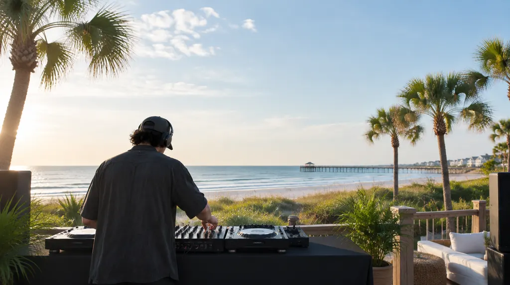 A DJ mixing on decks at an event in North Myrtle Beach, SC