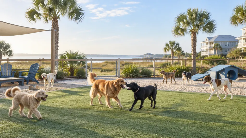 Dogs playing in a doggy daycare play area in North Myrtle Beach, SC