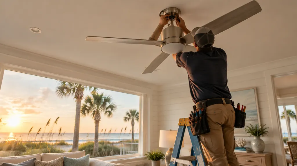 An electrician hanging a modern ceiling fan in a living room in North Myrtle Beach, SC