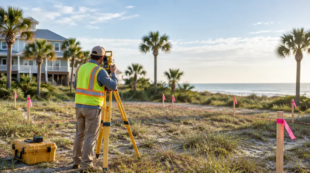 Survey stakes and equipment on a new lot in North Myrtle Beach, SC