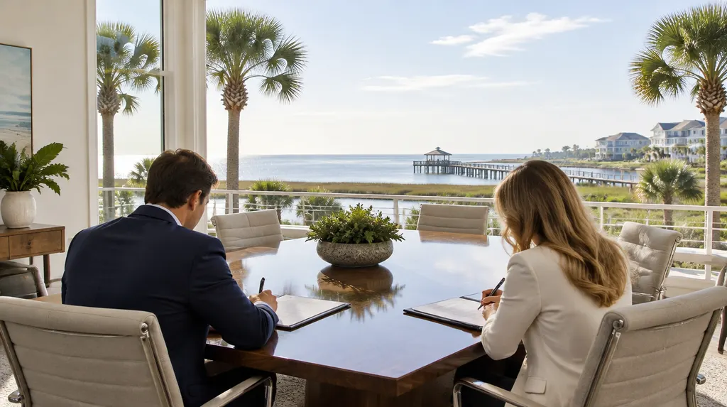 Signing documents at a polished conference table in North Myrtle Beach, SC