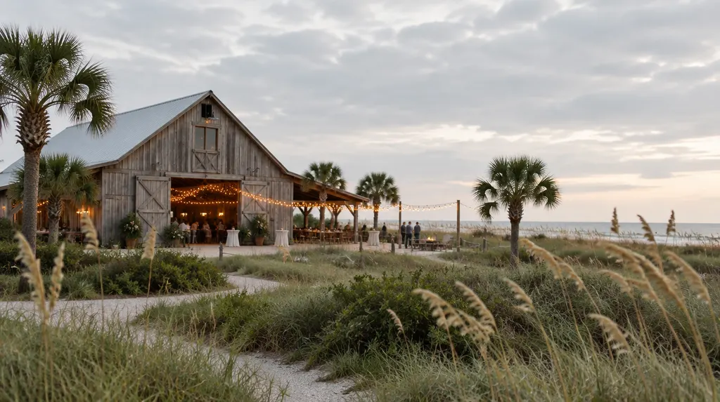 A rustic barn venue with string lights in North Myrtle Beach, SC