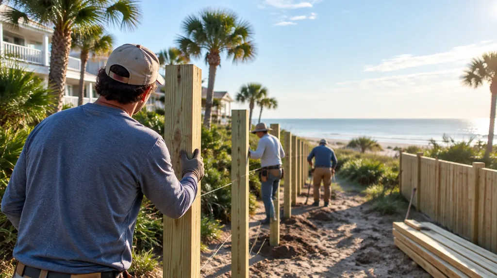 A crew setting posts for a new wood privacy fence in North Myrtle Beach, SC