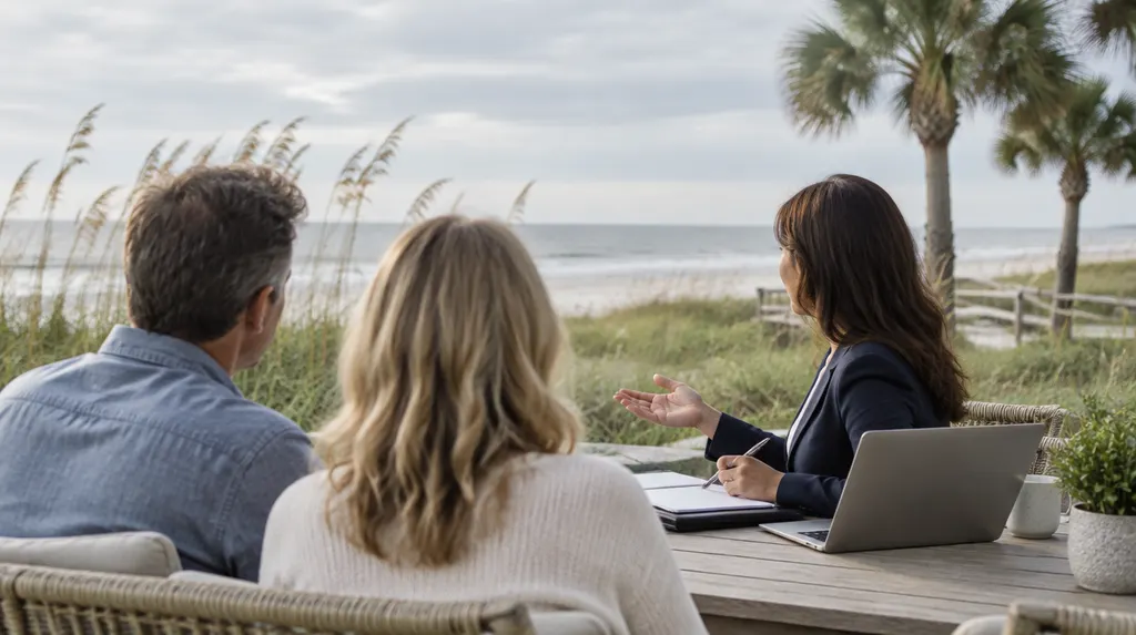 A financial advisor meeting a couple at a table in North Myrtle Beach, SC