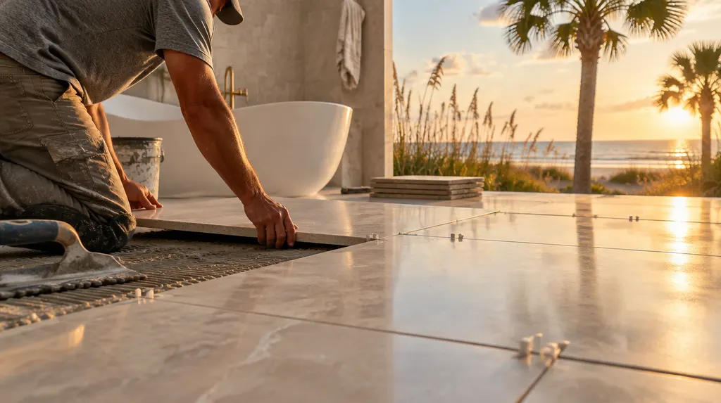 A tile setter placing large tiles in a bathroom in North Myrtle Beach, SC