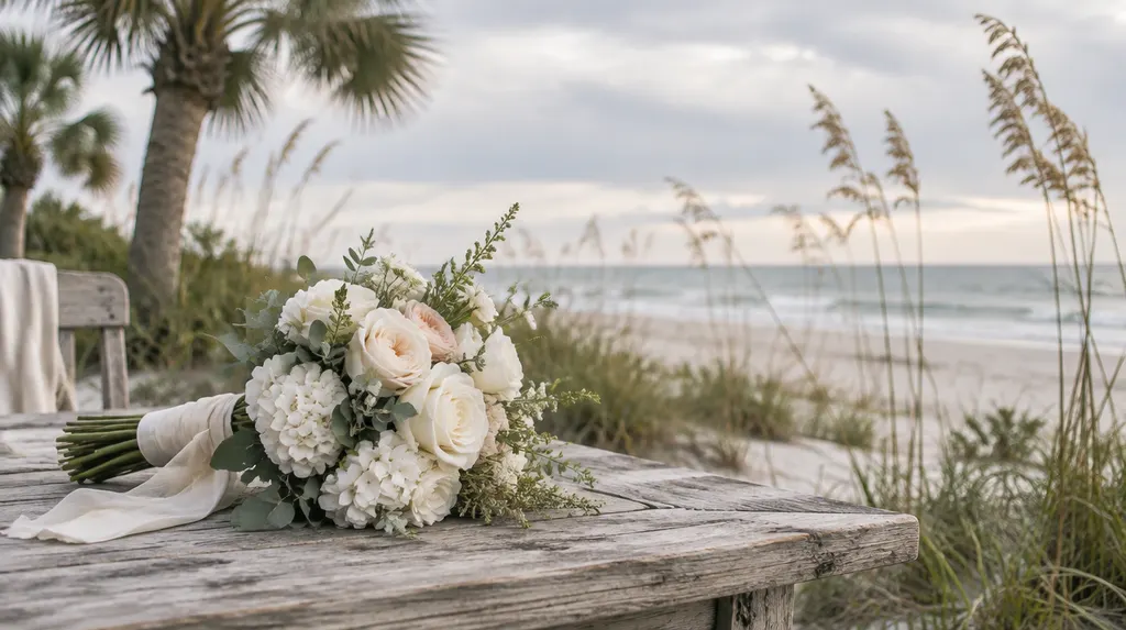 A bridal bouquet on a rustic table in North Myrtle Beach, SC