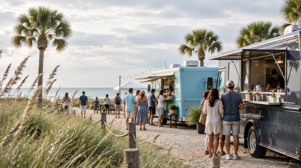 Food trucks parked at a sunny outdoor festival in North Myrtle Beach, SC