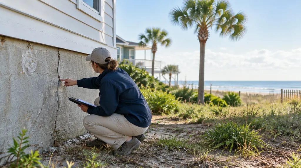 A specialist examining a crack in a foundation wall in North Myrtle Beach, SC