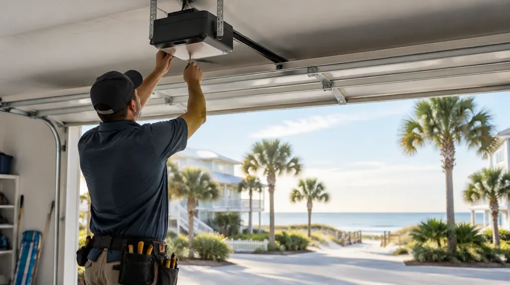 A technician adjusting a garage door opener on the ceiling in North Myrtle Beach, SC