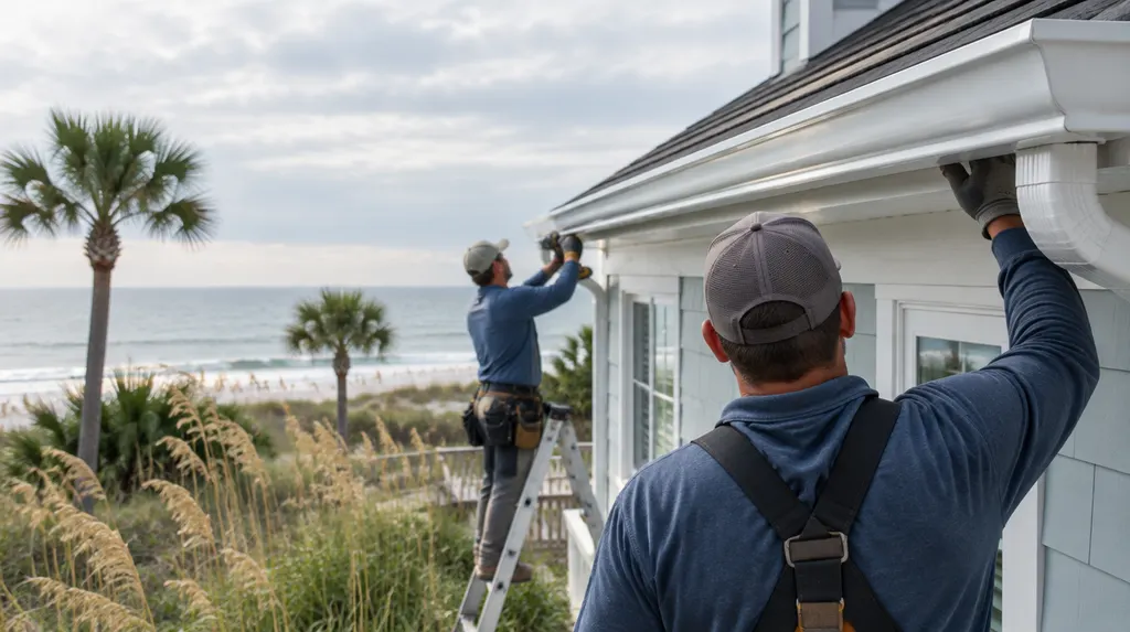 A crew installing seamless gutters on a house in North Myrtle Beach, SC
