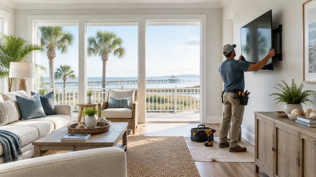 A handyman mounting a TV on a living room wall in North Myrtle Beach, SC