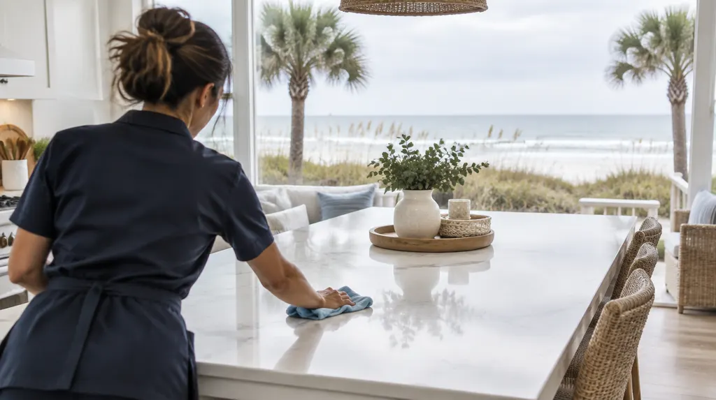 A house cleaner wiping a bright kitchen island in North Myrtle Beach, SC
