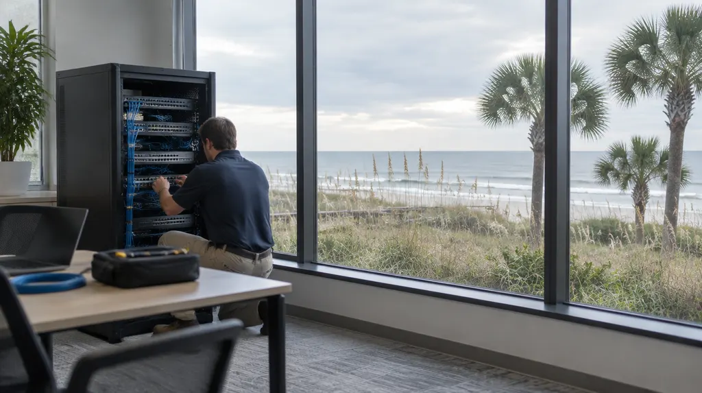 A technician setting up a network switch in an office in North Myrtle Beach, SC