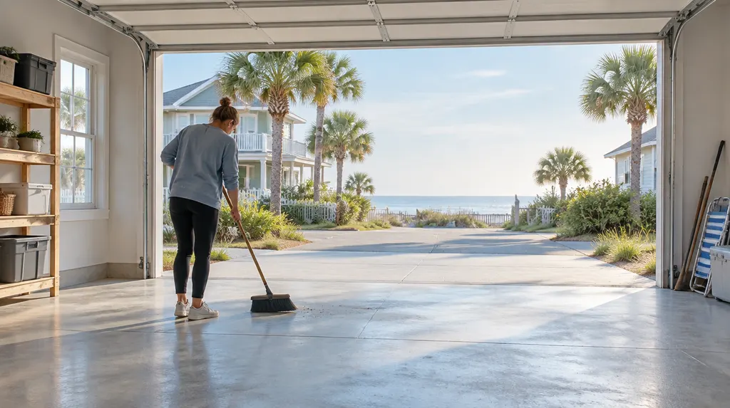 A cleared-out garage being swept in North Myrtle Beach, SC