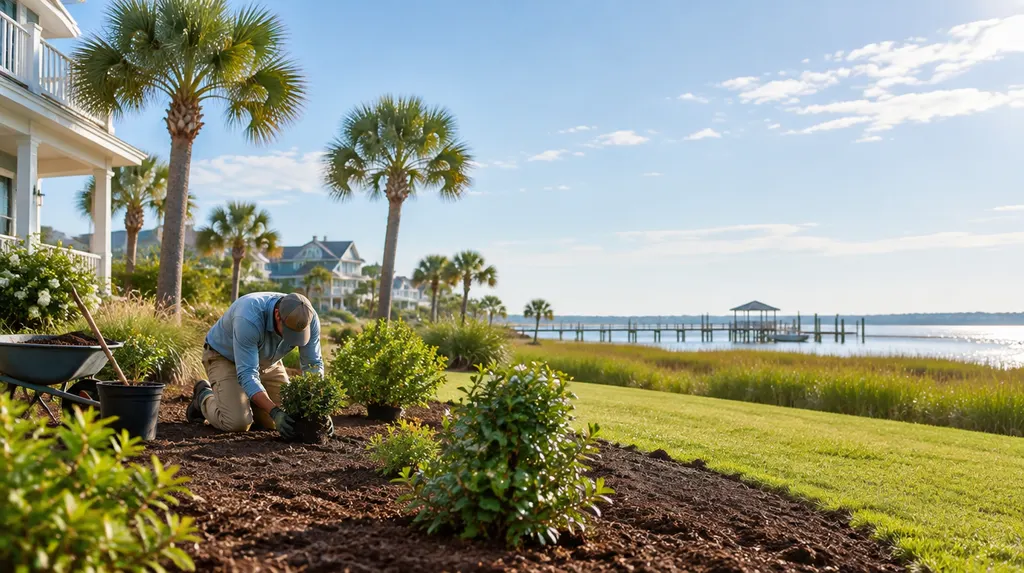 A landscaper planting shrubs in a fresh mulch bed in North Myrtle Beach, SC
