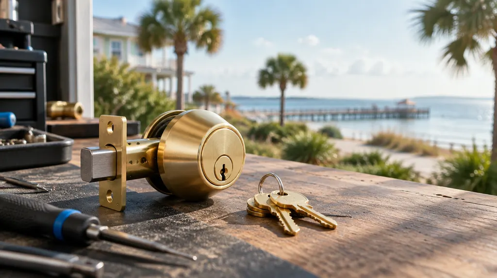 A new brass deadbolt lock and a set of keys on a locksmith’s workbench in North Myrtle Beach, SC