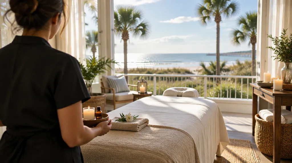A calm massage room with a draped table and candles in North Myrtle Beach, SC