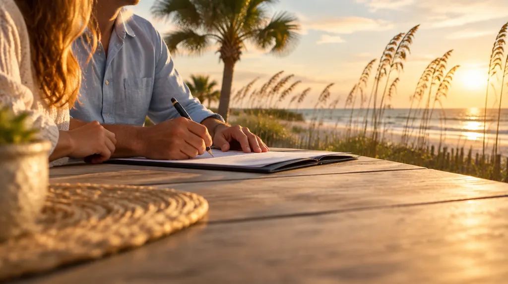 A couple signing loan papers at a table in North Myrtle Beach, SC