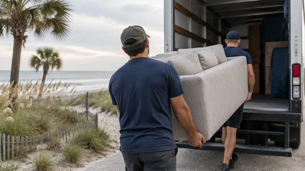 Movers carrying a sofa into a moving truck in North Myrtle Beach, SC