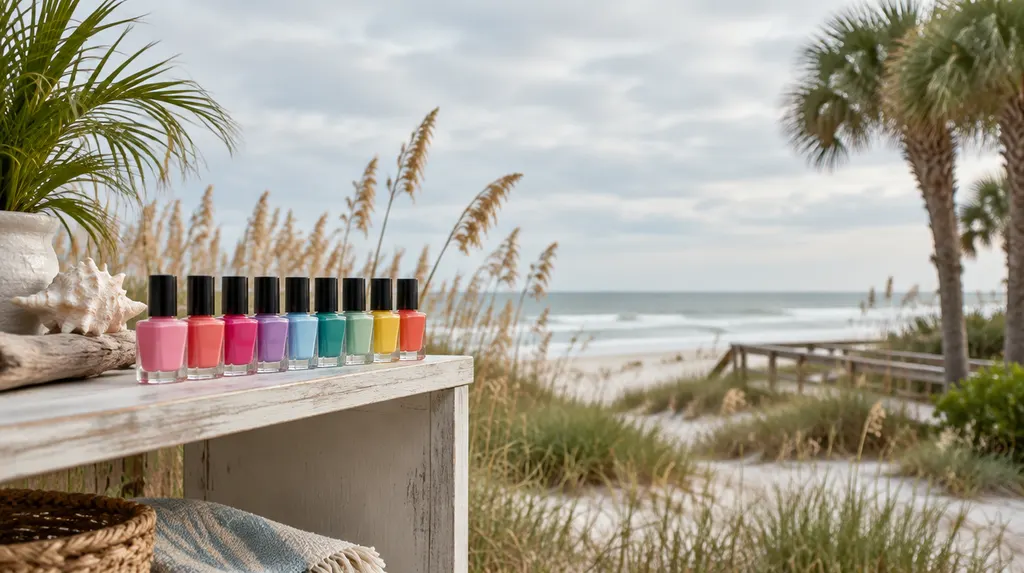 Colorful nail polish bottles on a shelf in North Myrtle Beach, SC