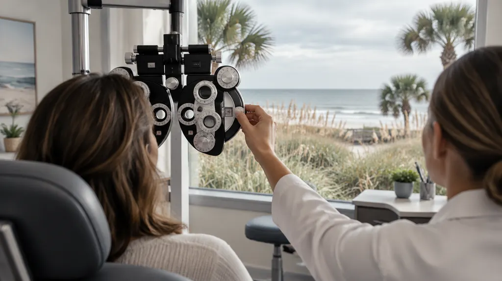 An optometry exam room with a phoropter in North Myrtle Beach, SC