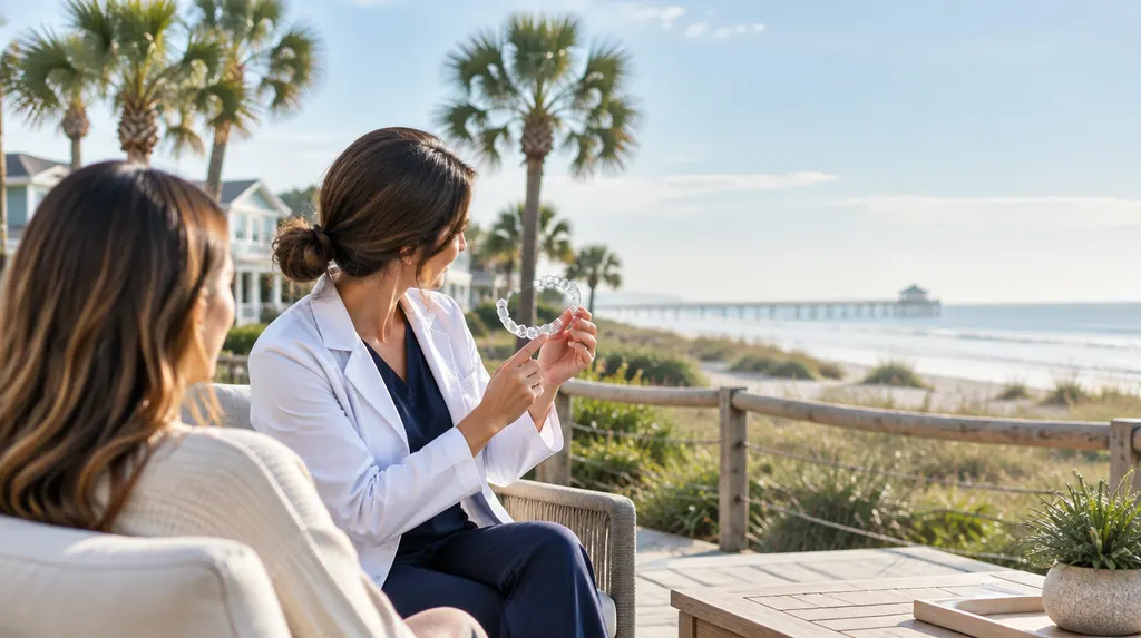 An orthodontist showing a clear aligner tray in North Myrtle Beach, SC