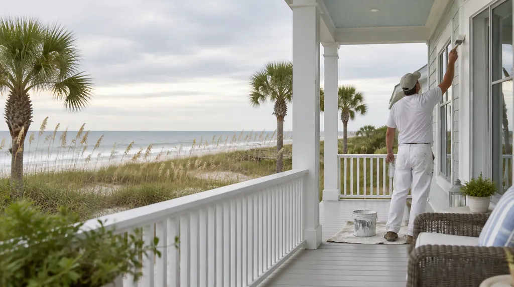 A painter brushing white trim on a porch in North Myrtle Beach, SC