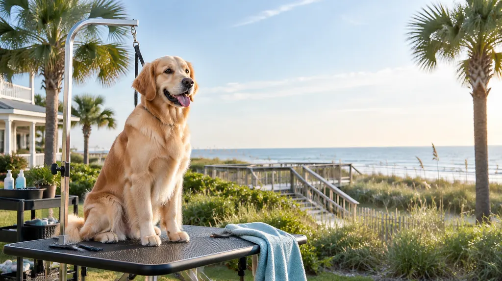 A freshly groomed dog on a grooming table in North Myrtle Beach, SC