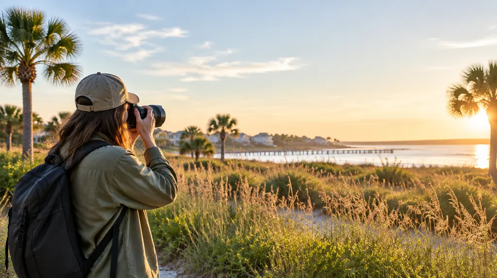 A photographer holding a camera at a golden-hour field in North Myrtle Beach, SC