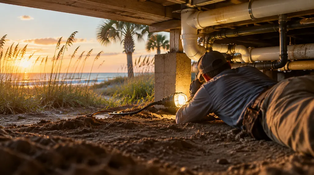 A plumber checking pipes in a crawl space with a work light in North Myrtle Beach, SC