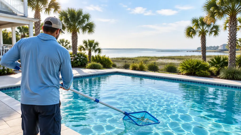 A pool technician skimming a sparkling backyard pool in North Myrtle Beach, SC
