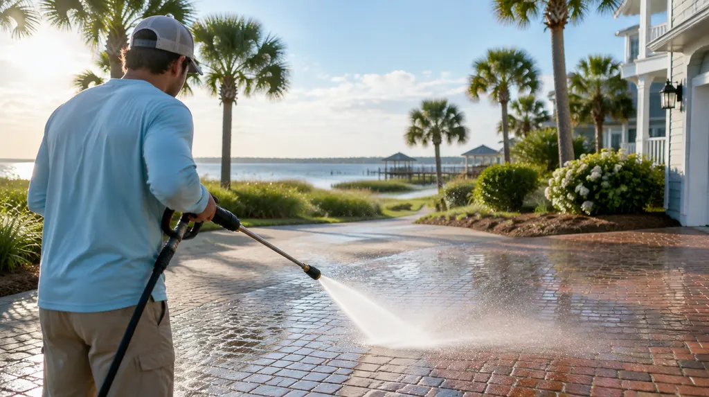 Pressure washing a brick driveway with sparkling spray in North Myrtle Beach, SC
