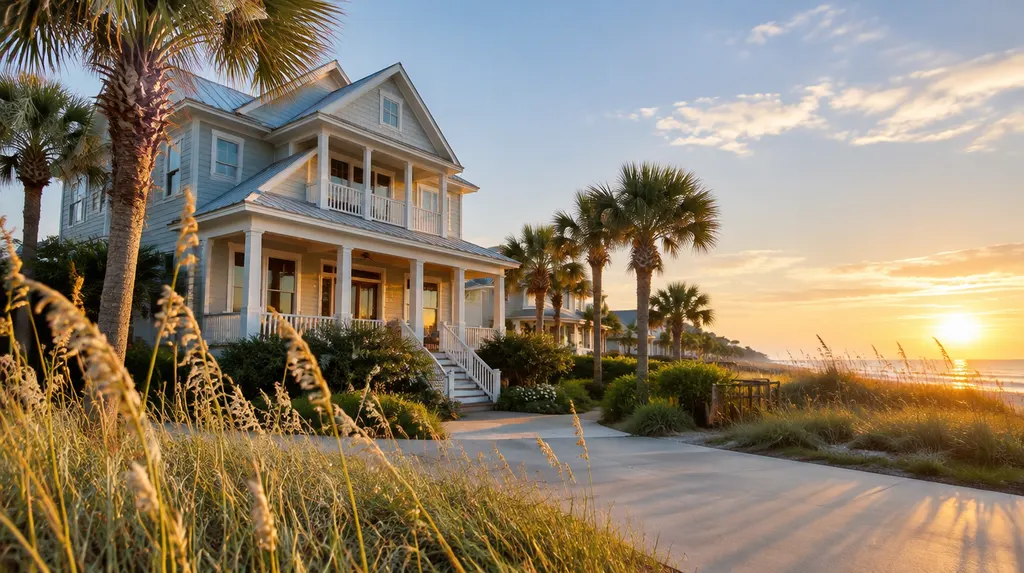 A for-sale home exterior on a sunny street with no sign text in North Myrtle Beach, SC