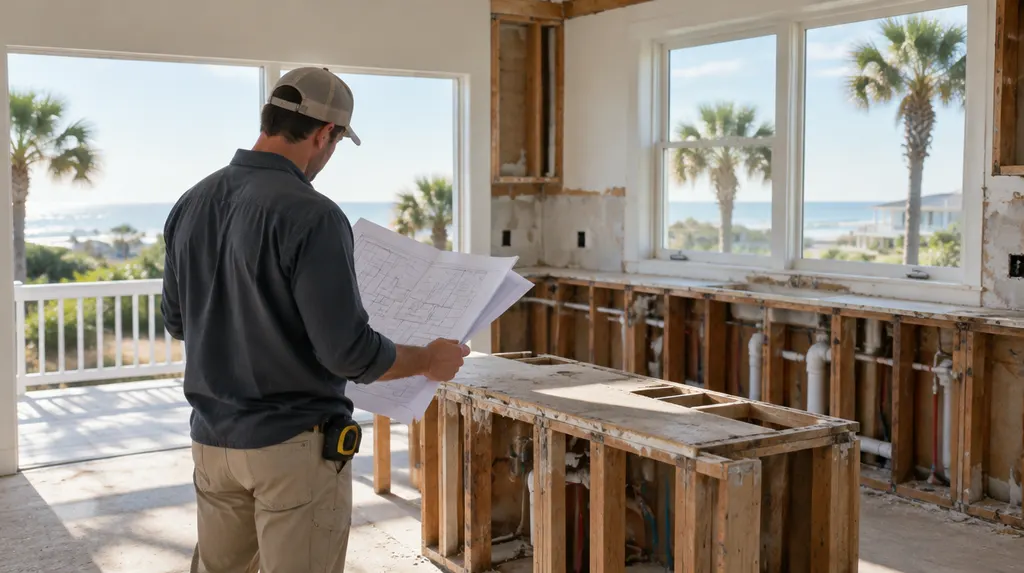A contractor reviewing plans in a gutted kitchen in North Myrtle Beach, SC