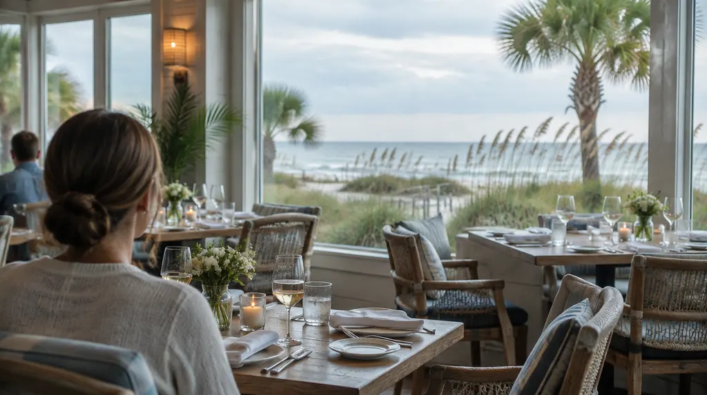 A cozy restaurant dining room with set tables in North Myrtle Beach, SC